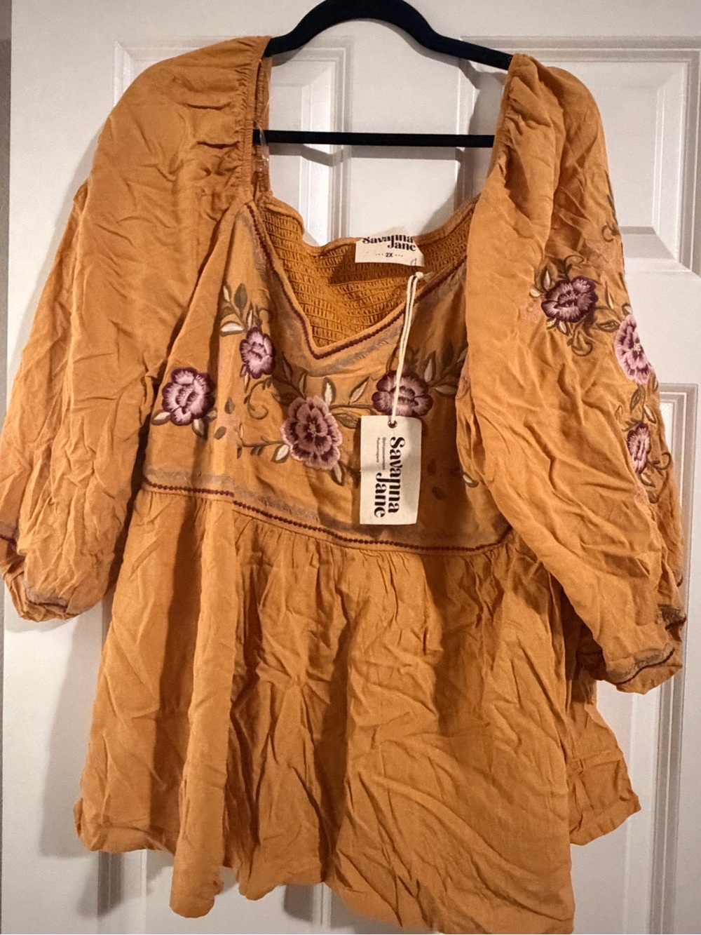 Savanna Jane Mustard Peasant Top with Pink Floral Embroidery